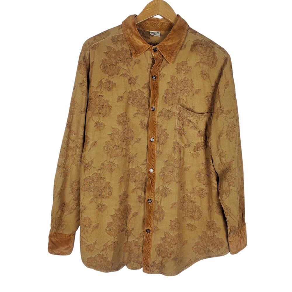 CP Shades Velvet Trim Button Up Shirt Womens S Gold Brown Long Sleeve Floral Top